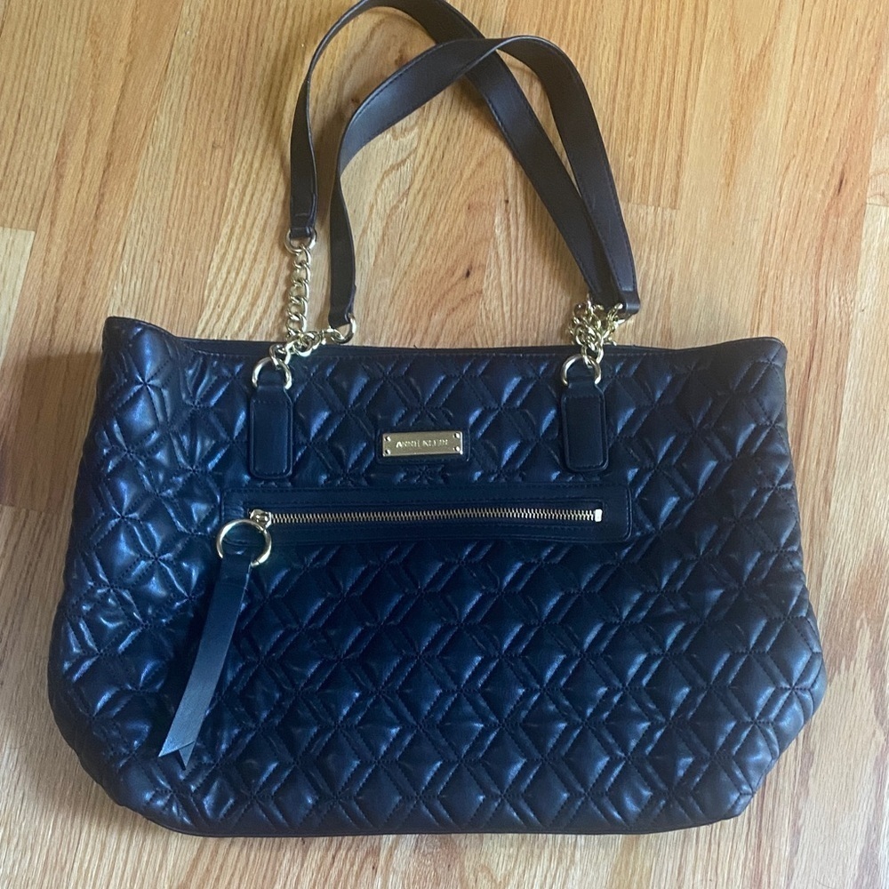 Anne Klein Black Quilted Shoulder Bag with Gold Accents